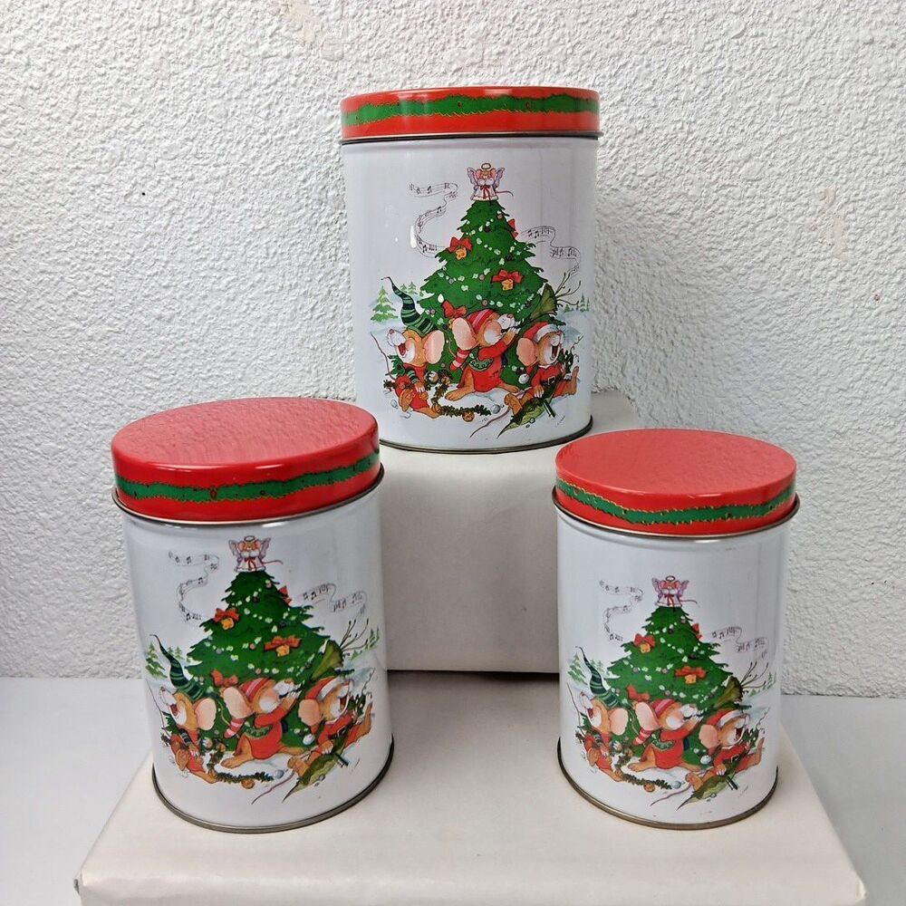 Nesting Canister Set Christmas Mouse Musical Theme Holiday Tree Red White